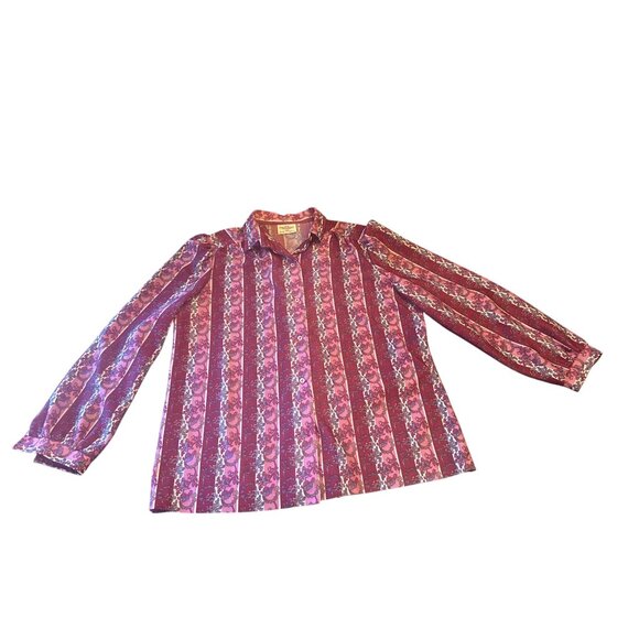 Fire Islander Woman Vintage 70s Floral Striped Polyester Button-Up Shirt Siz 36 - Picture 1 of 5